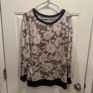 Honeyme Taupe Floral Long Sleeve Top with Black Trim